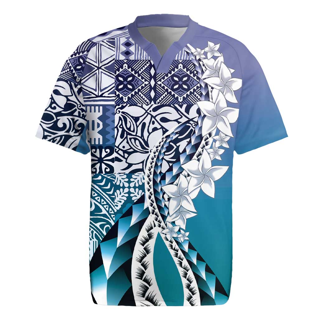 Aloha Vintage Plumeria Hawaiian Tapa Pattern Rugby Jersey Blue Hawaiian Tapa Pattern - Polynesian Pride