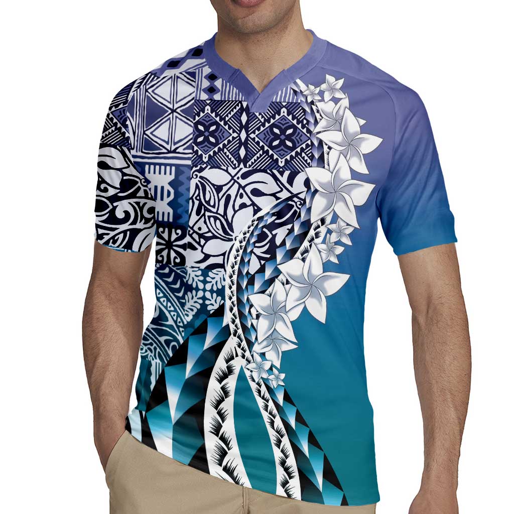 Aloha Vintage Plumeria Hawaiian Tapa Pattern Rugby Jersey Blue Hawaiian Tapa Pattern - Polynesian Pride