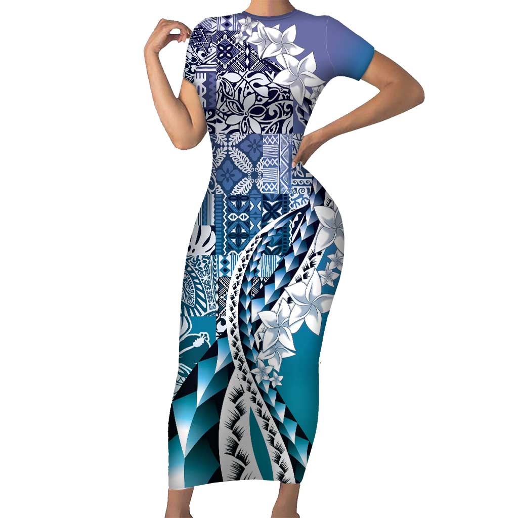 Aloha Vintage Plumeria Hawaiian Tapa Pattern Short Sleeve Bodycon Dress Blue Hawaiian Tapa Pattern - Polynesian Pride