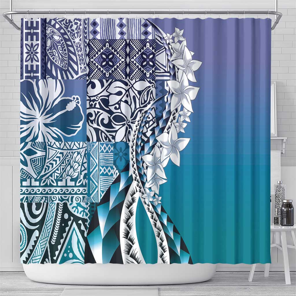 Aloha Vintage Plumeria Hawaiian Tapa Pattern Shower Curtain Blue Hawaiian Tapa Pattern - Polynesian Pride