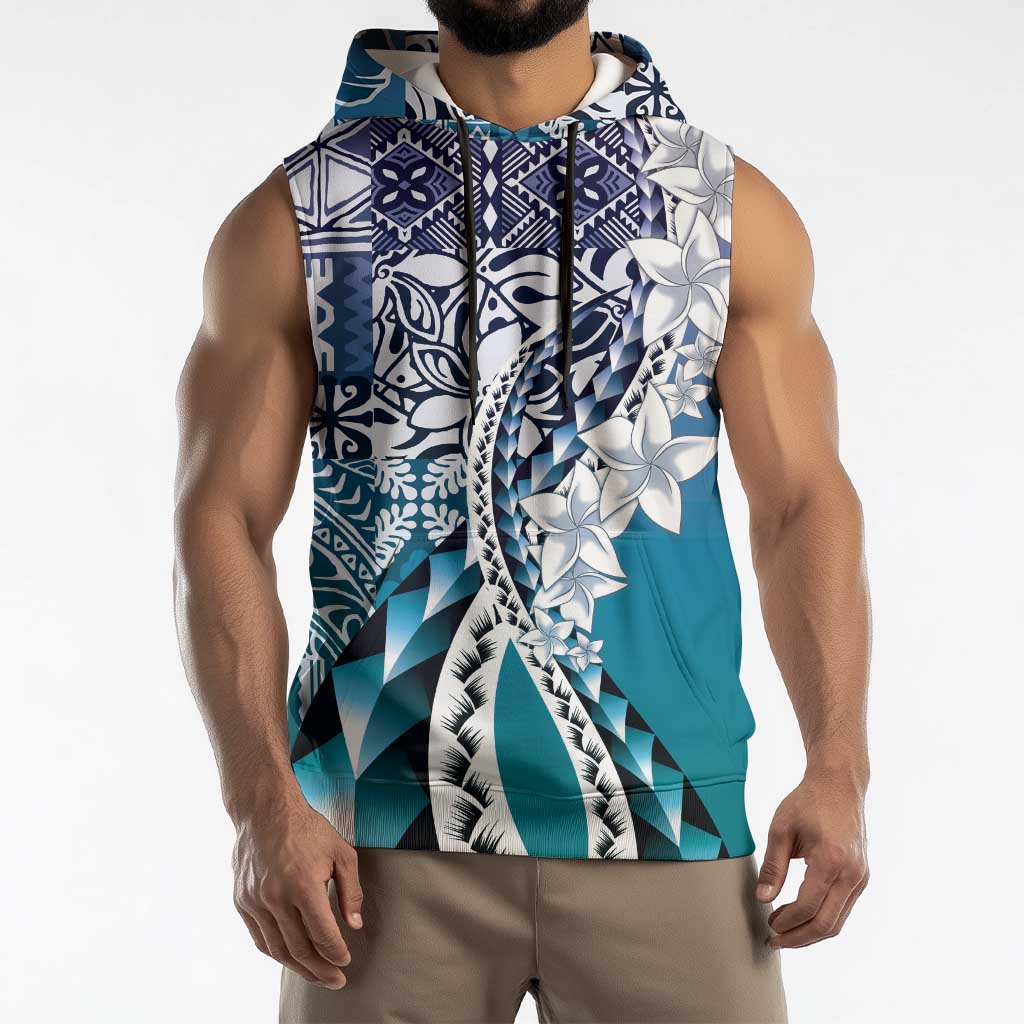 Aloha Vintage Plumeria Hawaiian Tapa Pattern Sleeveless Hoodie Blue Hawaiian Tapa Pattern - Polynesian Pride