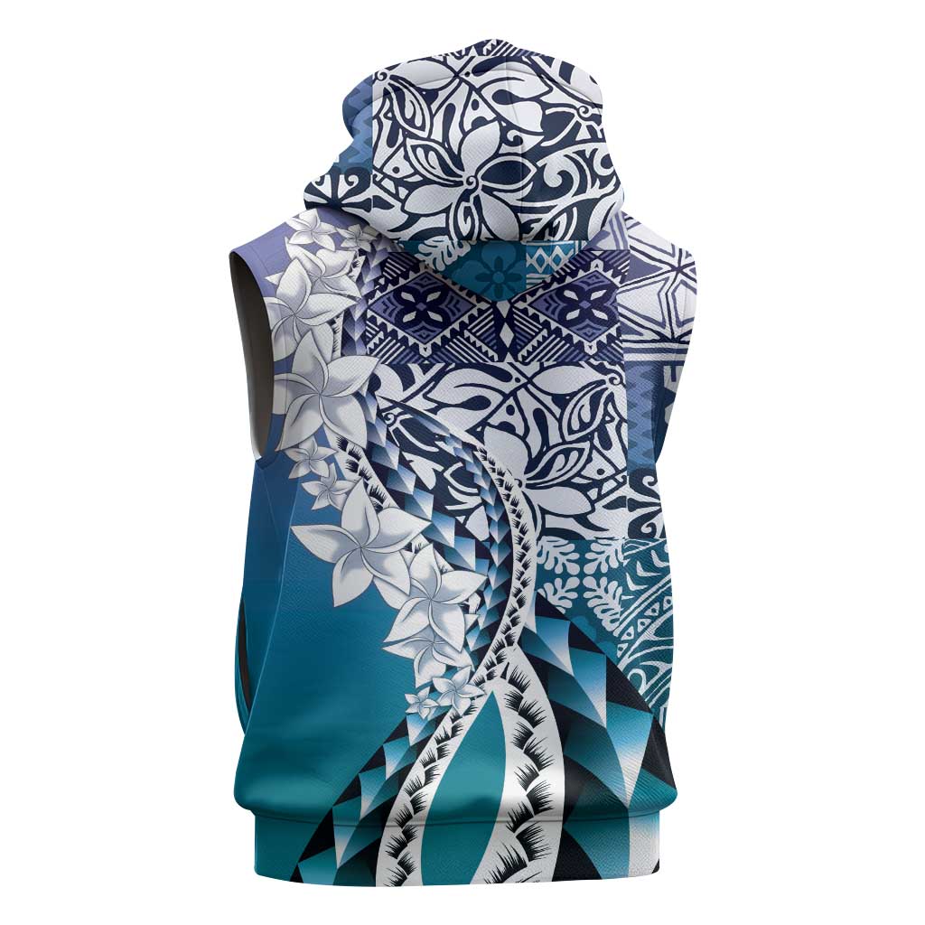 Aloha Vintage Plumeria Hawaiian Tapa Pattern Sleeveless Zip Hoodie Blue Hawaiian Tapa Pattern LT9