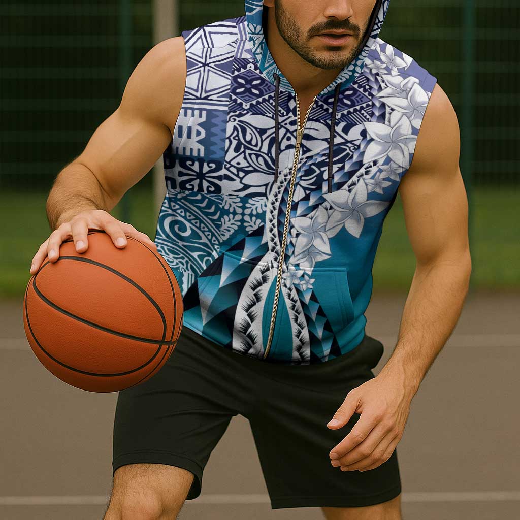 Aloha Vintage Plumeria Hawaiian Tapa Pattern Sleeveless Zip Hoodie Blue Hawaiian Tapa Pattern - Polynesian Pride