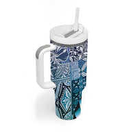Aloha Vintage Plumeria Hawaiian Tapa Pattern Tumbler With Handle Blue Hawaiian Tapa Pattern - Polynesian Pride
