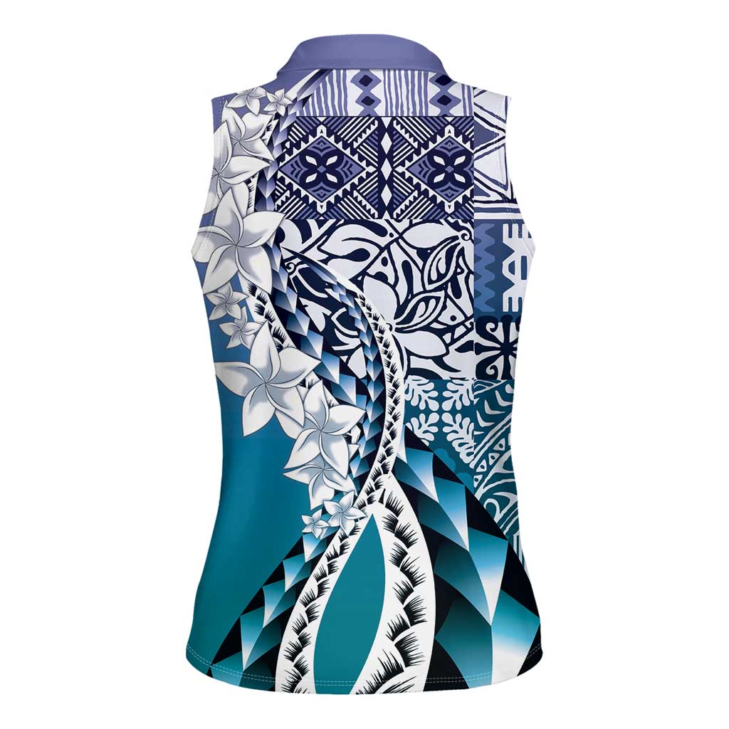 Aloha Vintage Plumeria Hawaiian Tapa Pattern Women Sleeveless Polo Shirt Blue Hawaiian Tapa Pattern - Polynesian Pride