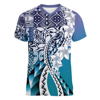 Aloha Vintage Plumeria Hawaiian Tapa Pattern Women V-Neck T-Shirt Blue Hawaiian Tapa Pattern - Polynesian Pride