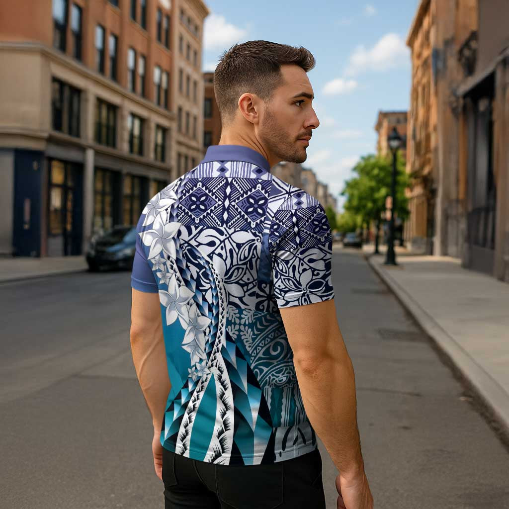 Aloha Vintage Plumeria Hawaiian Tapa Pattern Zipper Polo Shirt Blue Hawaiian Tapa Pattern - Polynesian Pride