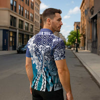 Aloha Vintage Plumeria Hawaiian Tapa Pattern Zipper Polo Shirt Blue Hawaiian Tapa Pattern - Polynesian Pride