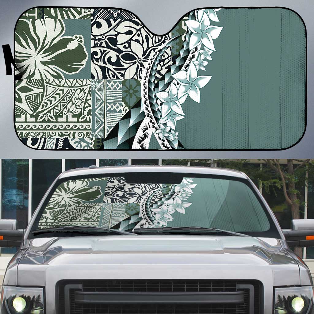 Aloha Vintage Plumeria Hawaiian Tapa Pattern Auto Sun Shade Dark Turquoise Hawaiian Tapa Pattern - Polynesian Pride
