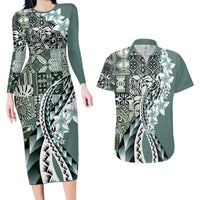 Aloha Vintage Plumeria Hawaiian Tapa Pattern Couples Matching Long Sleeve Bodycon Dress and Hawaiian Shirt Dark Turquoise Hawaiian Tapa Pattern - Polynesian Pride