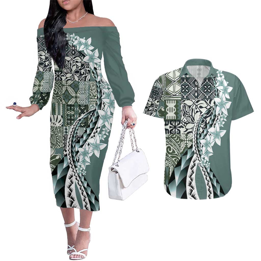 Aloha Vintage Plumeria Hawaiian Tapa Pattern Couples Matching Off The Shoulder Long Sleeve Dress and Hawaiian Shirt Dark Turquoise Hawaiian Tapa Pattern - Polynesian Pride