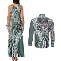 Aloha Vintage Plumeria Hawaiian Tapa Pattern Couples Matching Tank Maxi Dress and Long Sleeve Button Shirt Dark Turquoise Hawaiian Tapa Pattern - Polynesian Pride