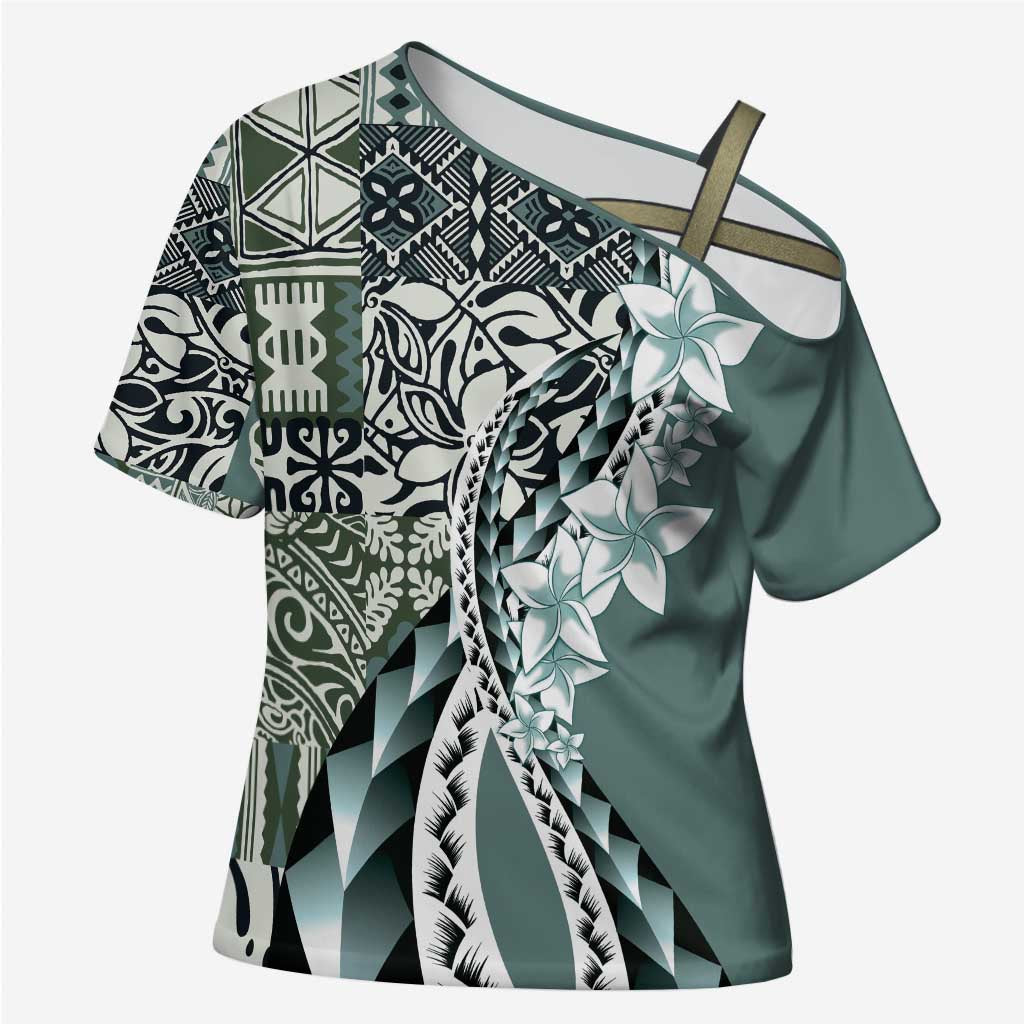 Aloha Vintage Plumeria Hawaiian Tapa Pattern Cross Shoulder Shirt Dark Turquoise Hawaiian Tapa Pattern - Polynesian Pride