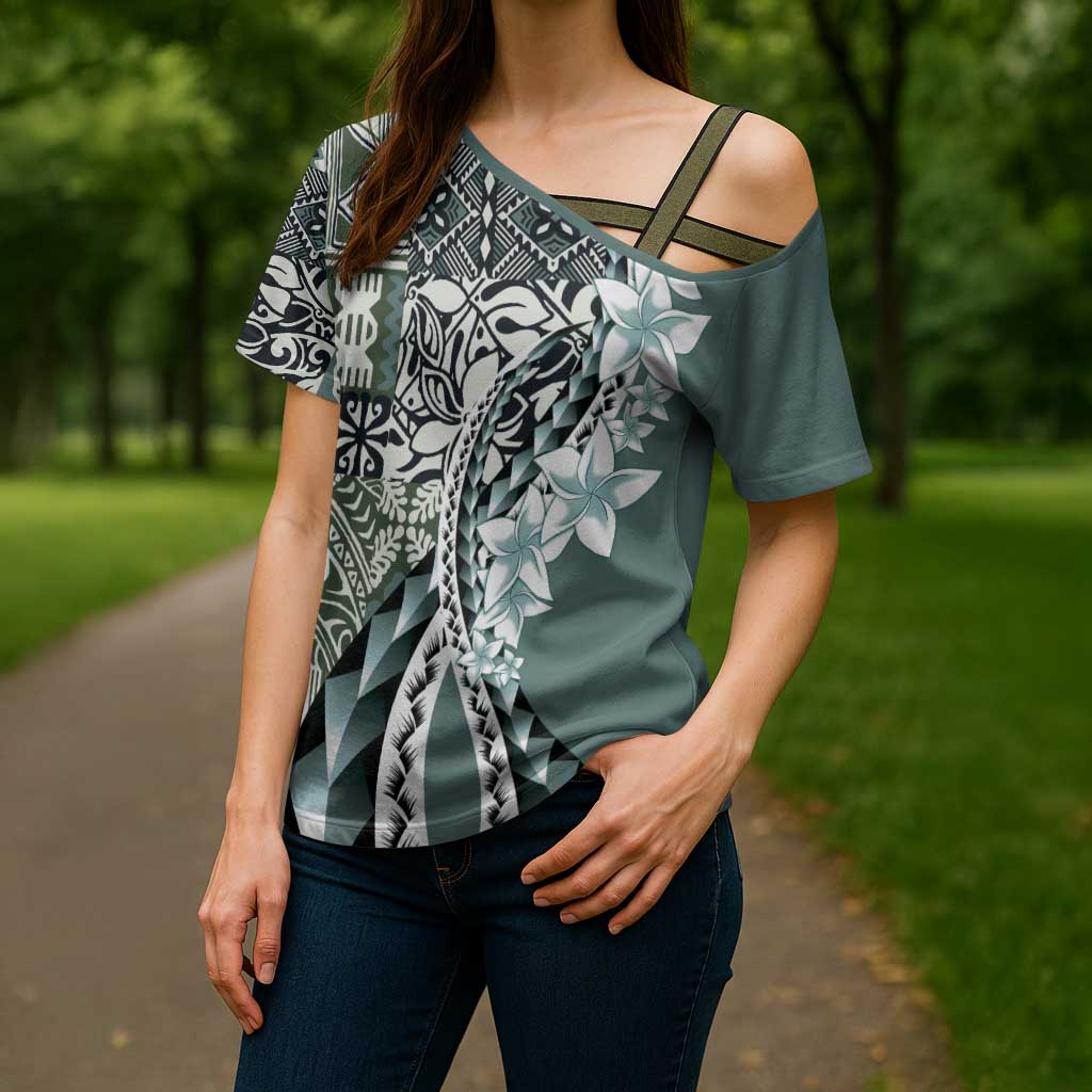 Aloha Vintage Plumeria Hawaiian Tapa Pattern Cross Shoulder Shirt Dark Turquoise Hawaiian Tapa Pattern - Polynesian Pride