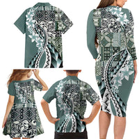 Aloha Vintage Plumeria Hawaiian Tapa Pattern Family Matching Long Sleeve Bodycon Dress and Hawaiian Shirt Dark Turquoise Hawaiian Tapa Pattern - Polynesian Pride