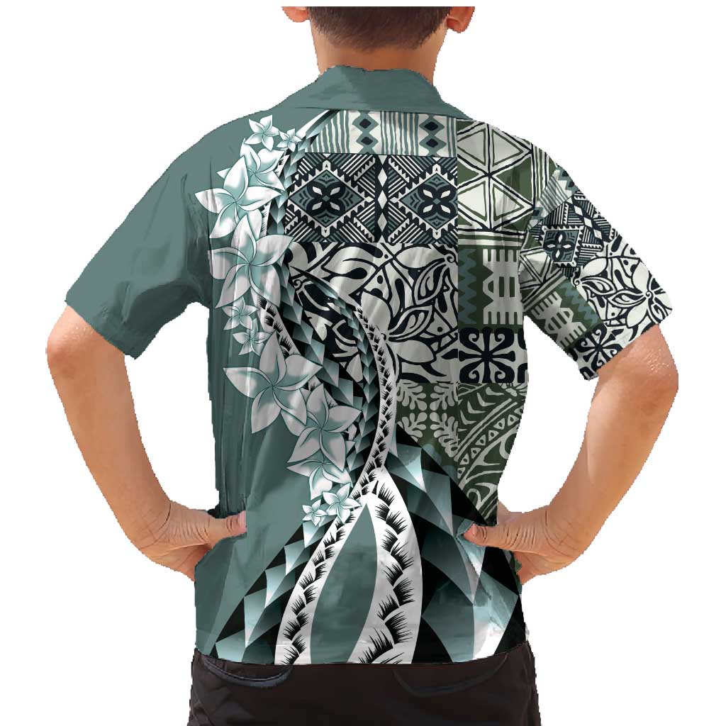 Aloha Vintage Plumeria Hawaiian Tapa Pattern Family Matching Mermaid Dress and Hawaiian Shirt Dark Turquoise Hawaiian Tapa Pattern - Polynesian Pride