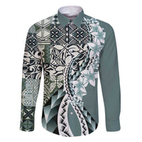 Aloha Vintage Plumeria Hawaiian Tapa Pattern Family Matching Off The Shoulder Long Sleeve Dress and Hawaiian Shirt Dark Turquoise Hawaiian Tapa Pattern - Polynesian Pride