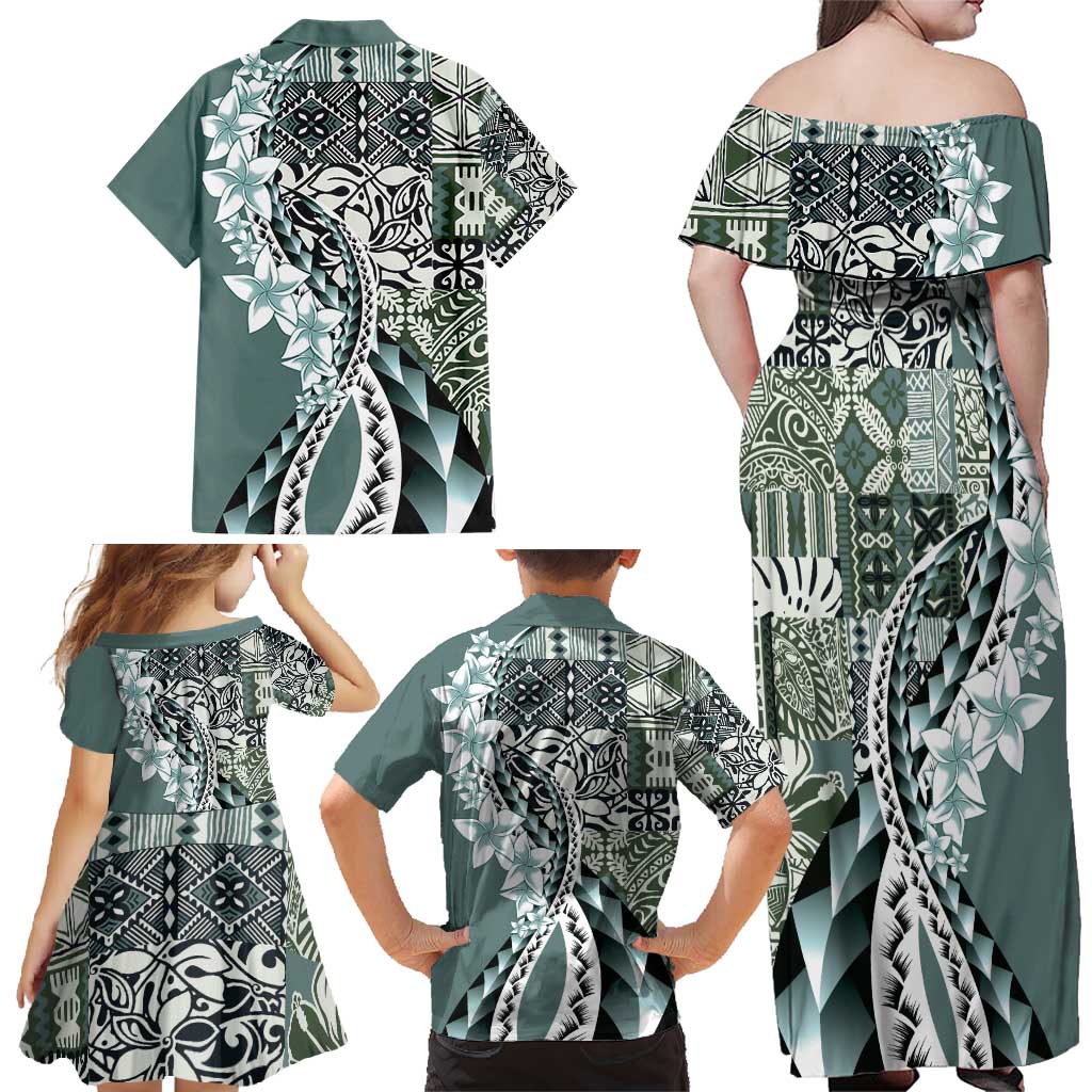 Aloha Vintage Plumeria Hawaiian Tapa Pattern Family Matching Off Shoulder Maxi Dress and Hawaiian Shirt Dark Turquoise Hawaiian Tapa Pattern - Polynesian Pride