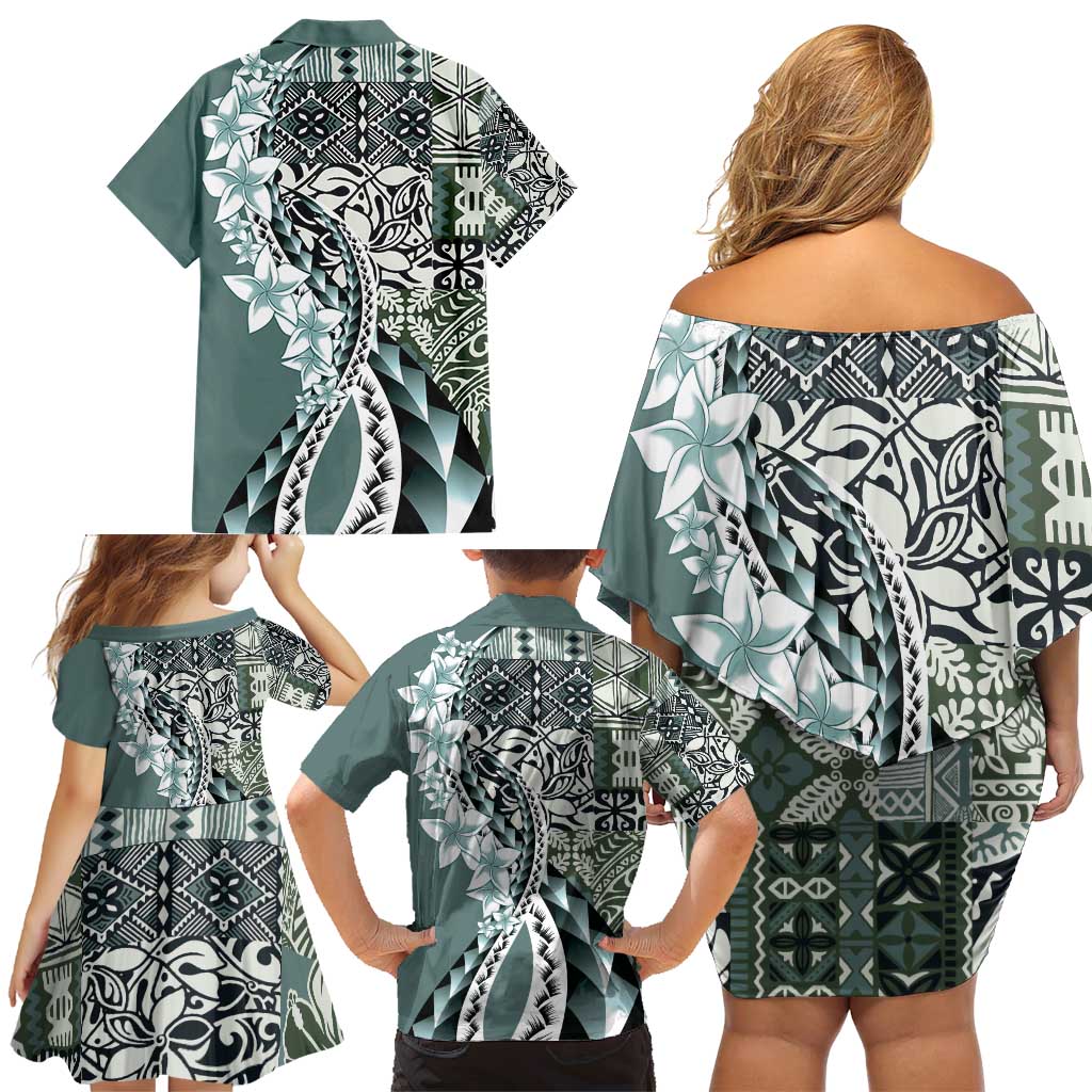Aloha Vintage Plumeria Hawaiian Tapa Pattern Family Matching Off Shoulder Short Dress and Hawaiian Shirt Dark Turquoise Hawaiian Tapa Pattern - Polynesian Pride