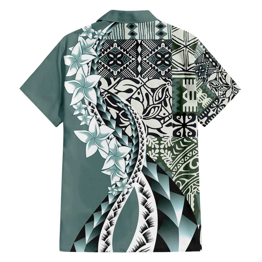 Aloha Vintage Plumeria Hawaiian Tapa Pattern Family Matching Off Shoulder Short Dress and Hawaiian Shirt Dark Turquoise Hawaiian Tapa Pattern - Polynesian Pride