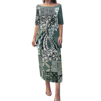 Aloha Vintage Plumeria Hawaiian Tapa Pattern Family Matching Puletasi and Hawaiian Shirt Dark Turquoise Hawaiian Tapa Pattern - Polynesian Pride