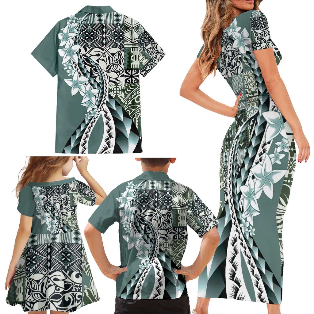 Aloha Vintage Plumeria Hawaiian Tapa Pattern Family Matching Short Sleeve Bodycon Dress and Hawaiian Shirt Dark Turquoise Hawaiian Tapa Pattern - Polynesian Pride