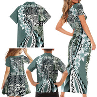 Aloha Vintage Plumeria Hawaiian Tapa Pattern Family Matching Short Sleeve Bodycon Dress and Hawaiian Shirt Dark Turquoise Hawaiian Tapa Pattern - Polynesian Pride