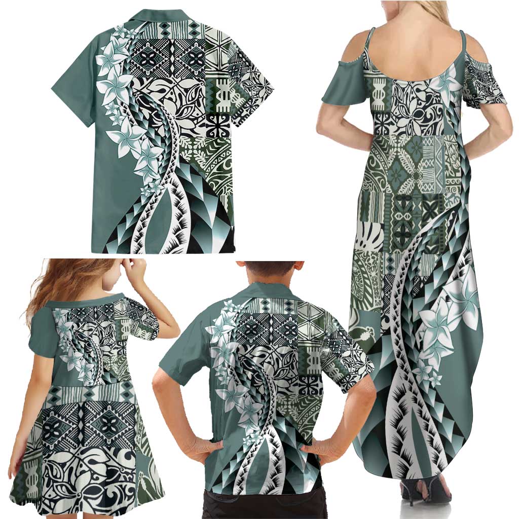 Aloha Vintage Plumeria Hawaiian Tapa Pattern Family Matching Summer Maxi Dress and Hawaiian Shirt Dark Turquoise Hawaiian Tapa Pattern - Polynesian Pride