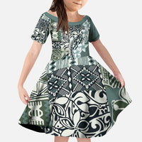Aloha Vintage Plumeria Hawaiian Tapa Pattern Kid Short Sleeve Dress Dark Turquoise Hawaiian Tapa Pattern - Polynesian Pride