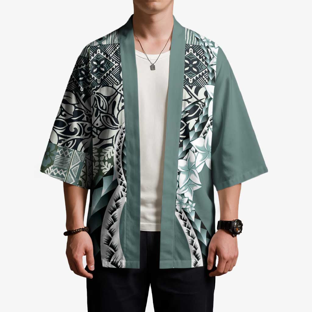 Aloha Vintage Plumeria Hawaiian Tapa Pattern Kimono Dark Turquoise Hawaiian Tapa Pattern - Polynesian Pride
