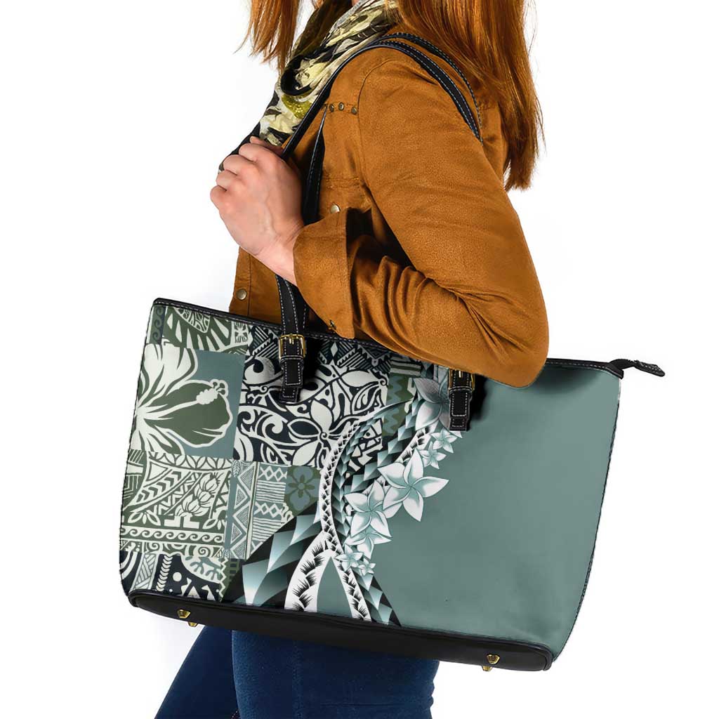 Aloha Vintage Plumeria Hawaiian Tapa Pattern Leather Tote Bag Dark Turquoise Hawaiian Tapa Pattern - Polynesian Pride