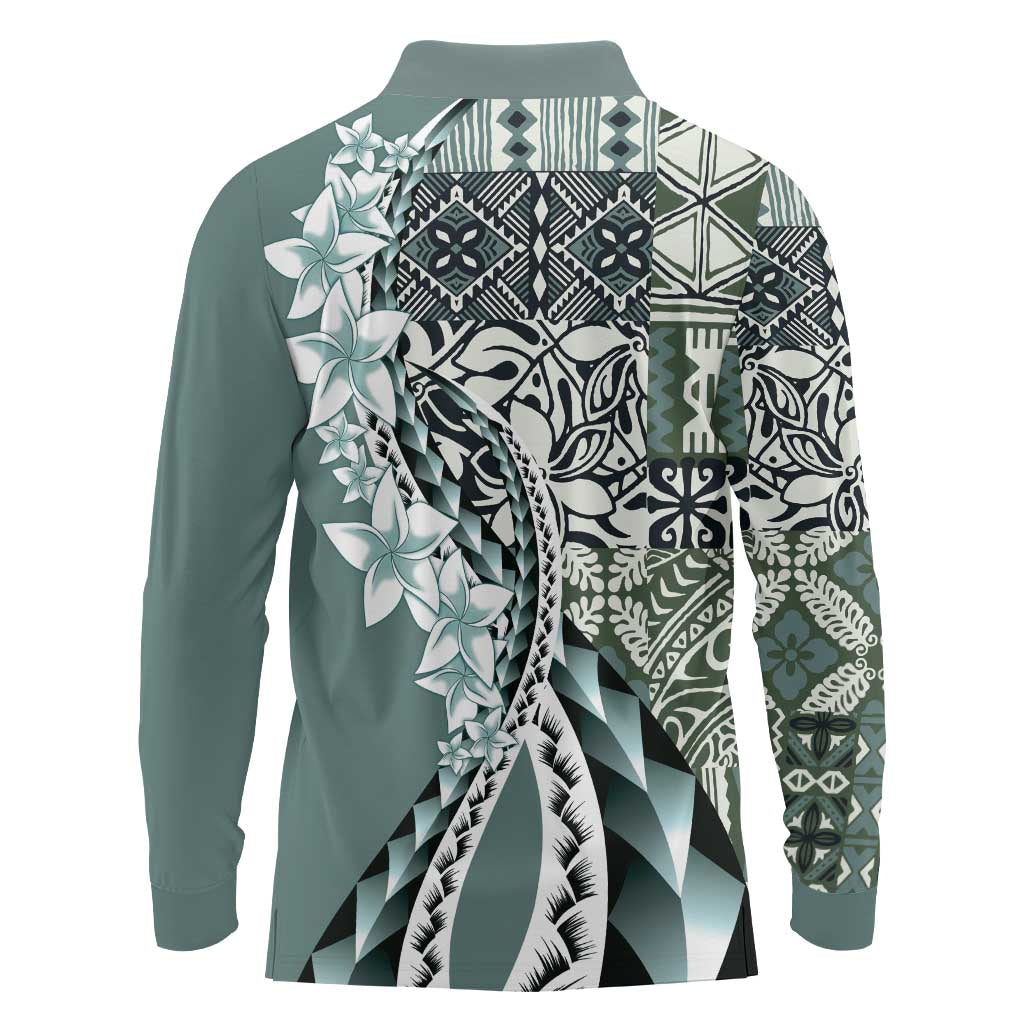 Aloha Vintage Plumeria Hawaiian Tapa Pattern Long Sleeve Polo Shirt Dark Turquoise Hawaiian Tapa Pattern - Polynesian Pride