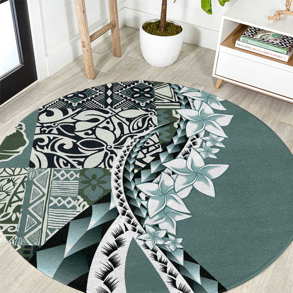 Aloha Vintage Plumeria Hawaiian Tapa Pattern Round Carpet Dark Turquoise Hawaiian Tapa Pattern - Polynesian Pride