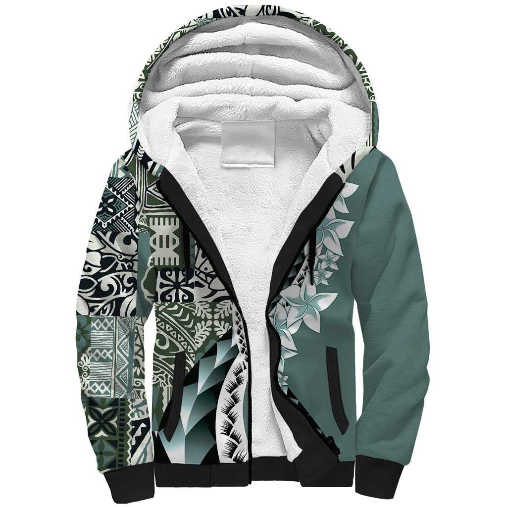 Aloha Vintage Plumeria Hawaiian Tapa Pattern Sherpa Hoodie Dark Turquoise Hawaiian Tapa Pattern - Polynesian Pride