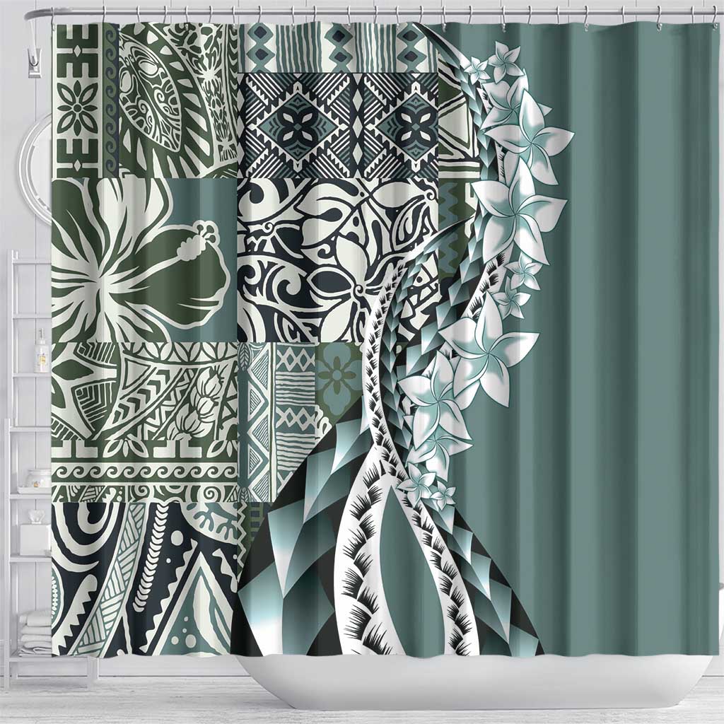 Aloha Vintage Plumeria Hawaiian Tapa Pattern Shower Curtain Dark Turquoise Hawaiian Tapa Pattern - Polynesian Pride