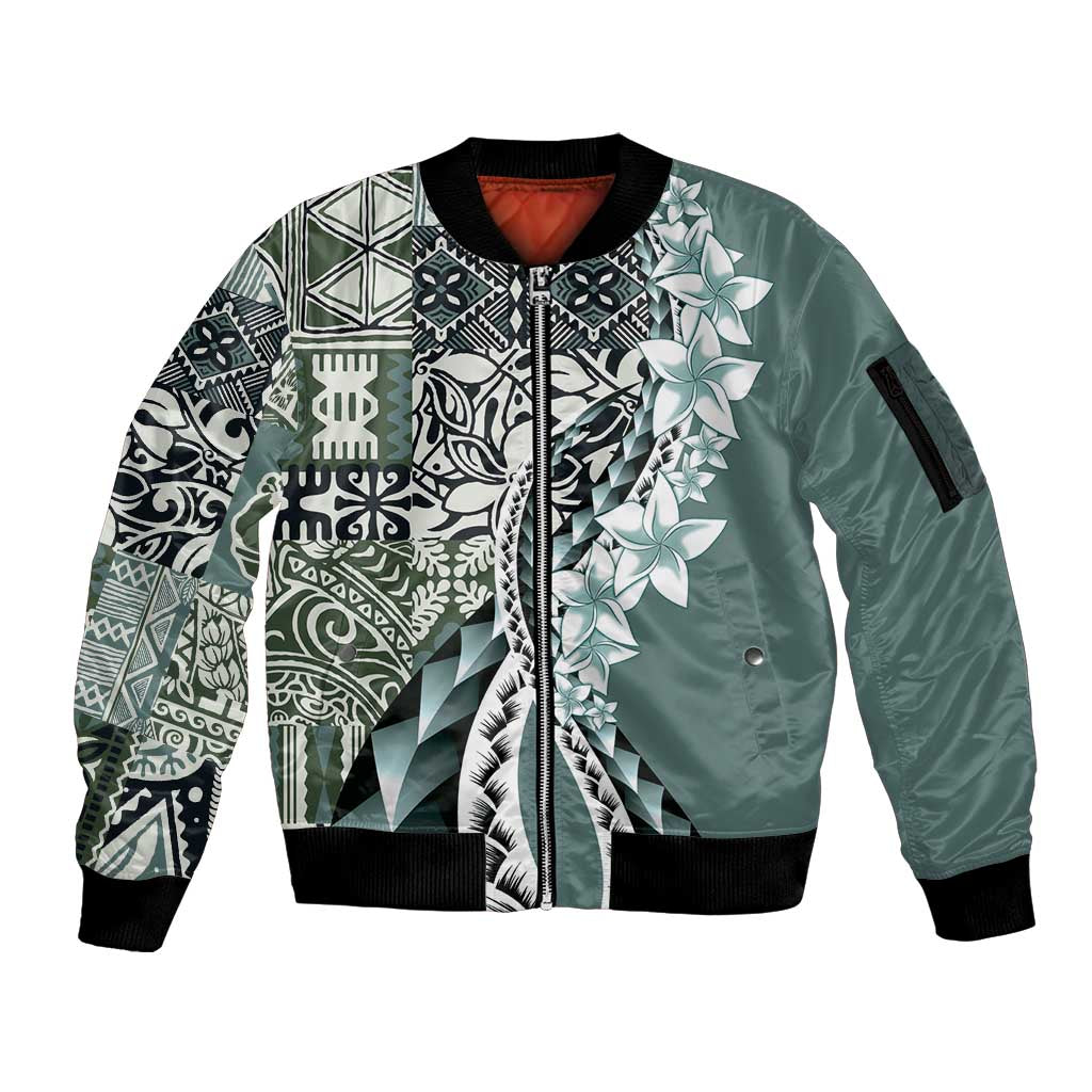 Aloha Vintage Plumeria Hawaiian Tapa Pattern Sleeve Zip Bomber Jacket Dark Turquoise Hawaiian Tapa Pattern - Polynesian Pride