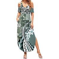Aloha Vintage Plumeria Hawaiian Tapa Pattern Summer Maxi Dress Dark Turquoise Hawaiian Tapa Pattern - Polynesian Pride