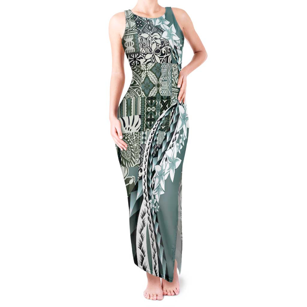 Aloha Vintage Plumeria Hawaiian Tapa Pattern Tank Maxi Dress Dark Turquoise Hawaiian Tapa Pattern - Polynesian Pride