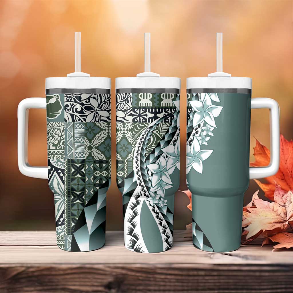 Aloha Vintage Plumeria Hawaiian Tapa Pattern Tumbler With Handle Dark Turquoise Hawaiian Tapa Pattern - Polynesian Pride