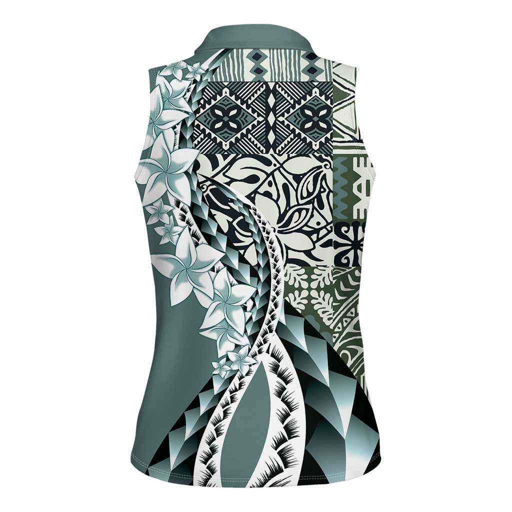 Aloha Vintage Plumeria Hawaiian Tapa Pattern Women Sleeveless Polo Shirt Dark Turquoise Hawaiian Tapa Pattern - Polynesian Pride