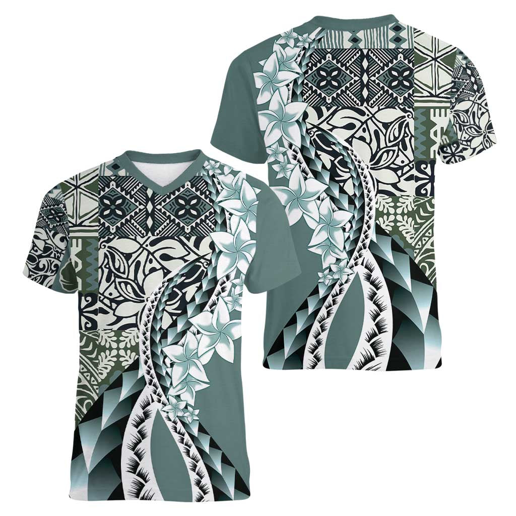 Aloha Vintage Plumeria Hawaiian Tapa Pattern Women V-Neck T-Shirt Dark Turquoise Hawaiian Tapa Pattern - Polynesian Pride