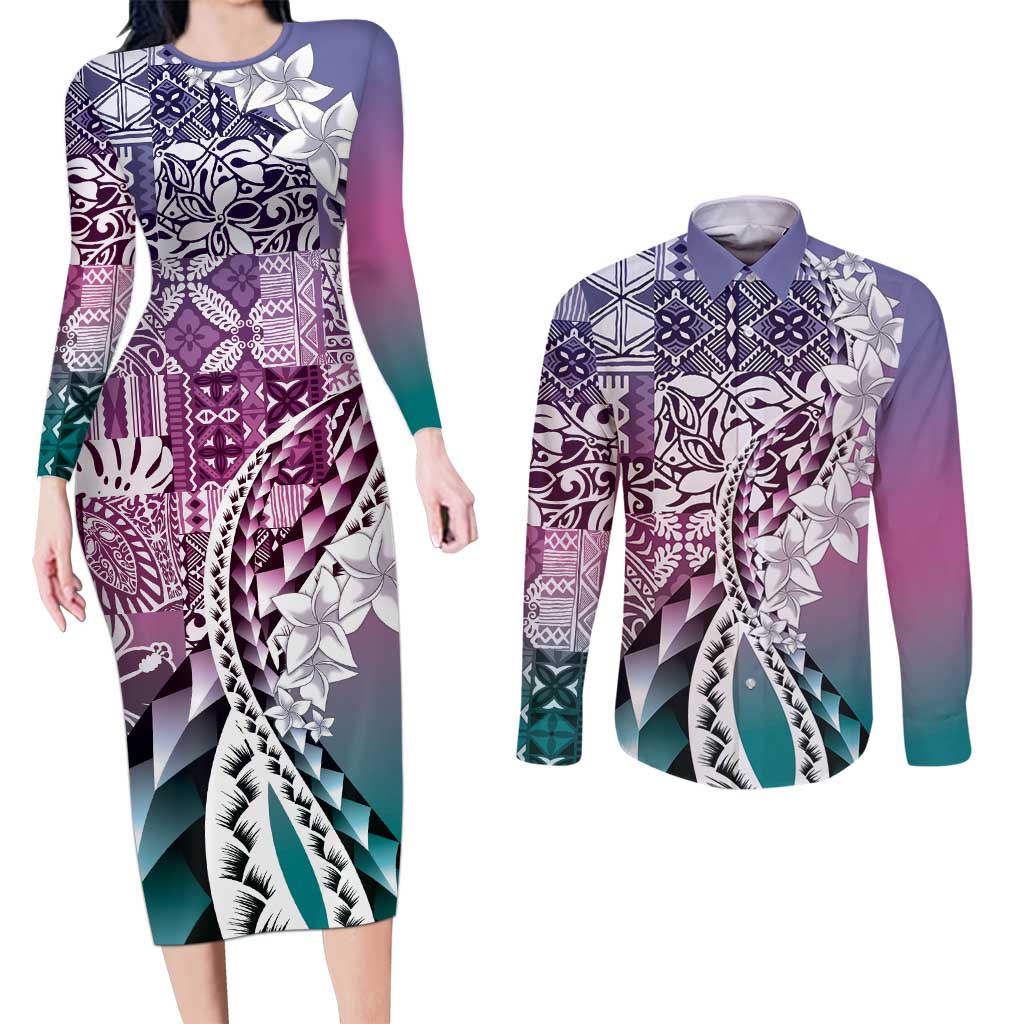 Aloha Vintage Plumeria Hawaiian Tapa Pattern Couples Matching Long Sleeve Bodycon Dress and Long Sleeve Button Shirt Gradient Hawaiian Tapa Pattern - Polynesian Pride