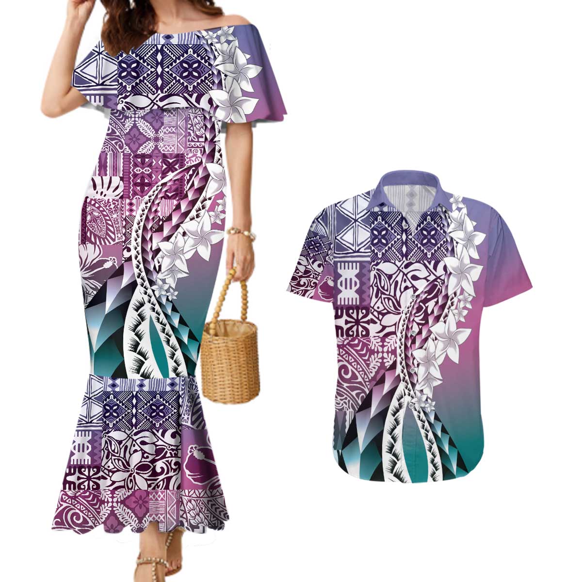 Aloha Vintage Plumeria Hawaiian Tapa Pattern Couples Matching Mermaid Dress and Hawaiian Shirt Gradient Hawaiian Tapa Pattern - Polynesian Pride