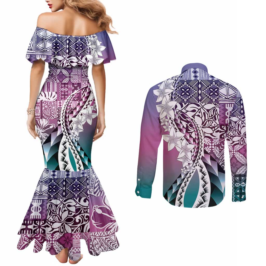 Aloha Vintage Plumeria Hawaiian Tapa Pattern Couples Matching Mermaid Dress and Long Sleeve Button Shirt Gradient Hawaiian Tapa Pattern - Polynesian Pride