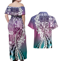 Aloha Vintage Plumeria Hawaiian Tapa Pattern Couples Matching Off Shoulder Maxi Dress and Hawaiian Shirt Gradient Hawaiian Tapa Pattern - Polynesian Pride