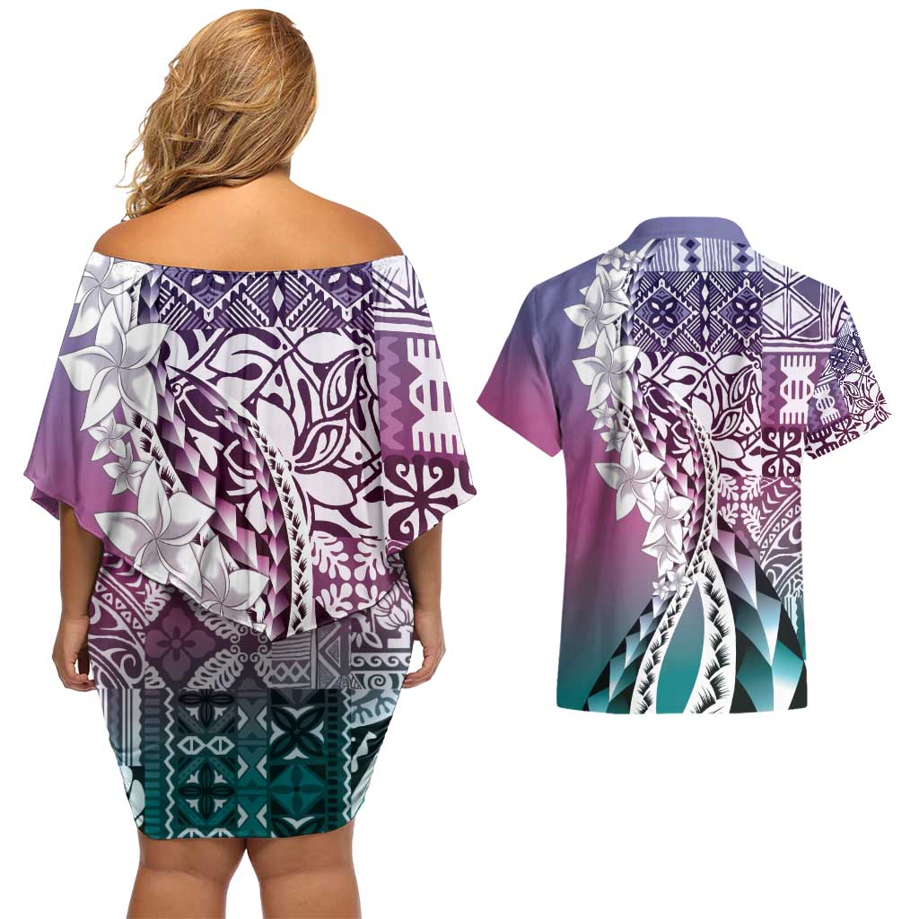 Aloha Vintage Plumeria Hawaiian Tapa Pattern Couples Matching Off Shoulder Short Dress and Hawaiian Shirt Gradient Hawaiian Tapa Pattern - Polynesian Pride