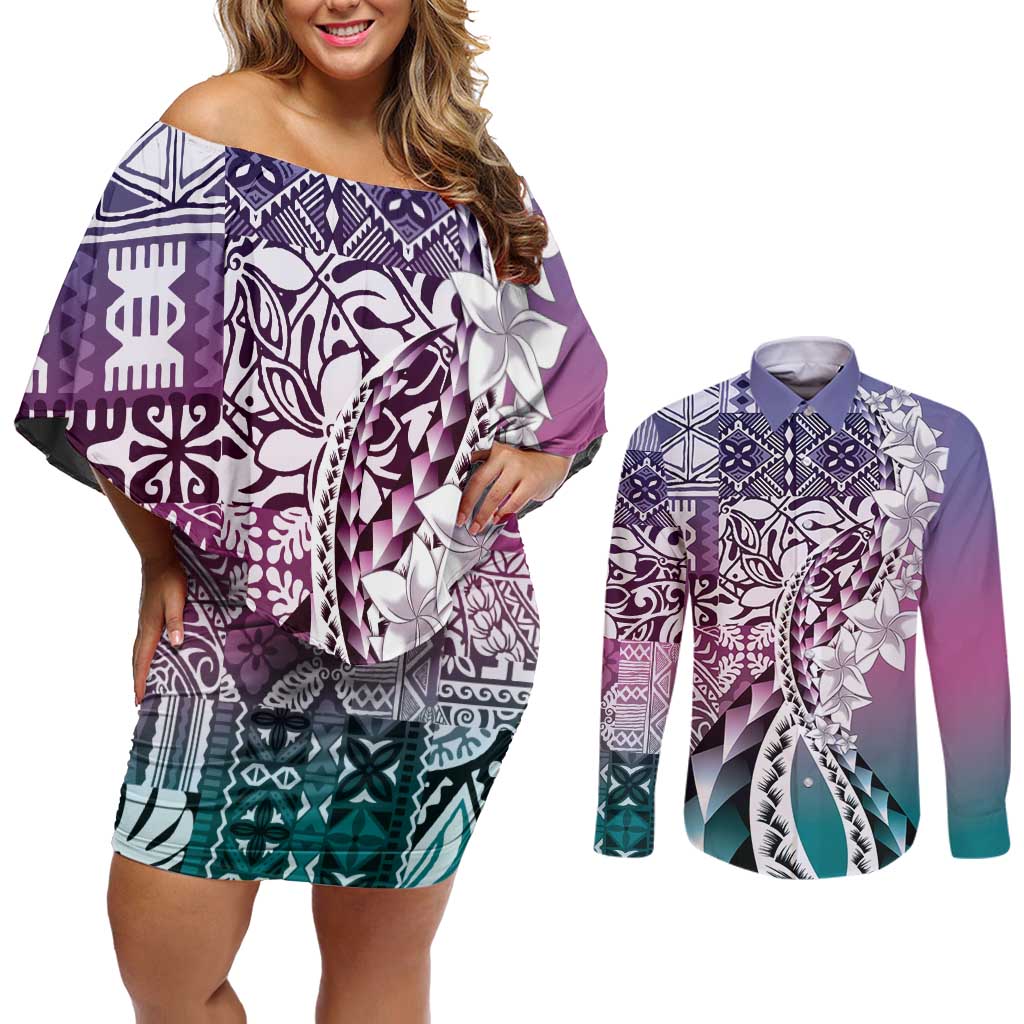 Aloha Vintage Plumeria Hawaiian Tapa Pattern Couples Matching Off Shoulder Short Dress and Long Sleeve Button Shirt Gradient Hawaiian Tapa Pattern - Polynesian Pride