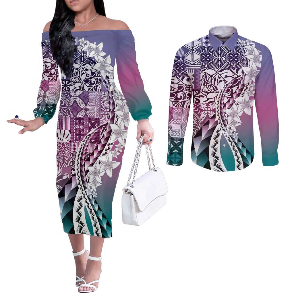 Aloha Vintage Plumeria Hawaiian Tapa Pattern Couples Matching Off The Shoulder Long Sleeve Dress and Long Sleeve Button Shirt Gradient Hawaiian Tapa Pattern - Polynesian Pride