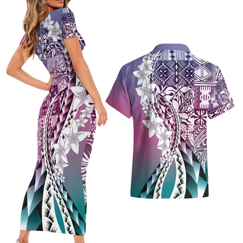 Aloha Vintage Plumeria Hawaiian Tapa Pattern Couples Matching Short Sleeve Bodycon Dress and Hawaiian Shirt Gradient Hawaiian Tapa Pattern - Polynesian Pride