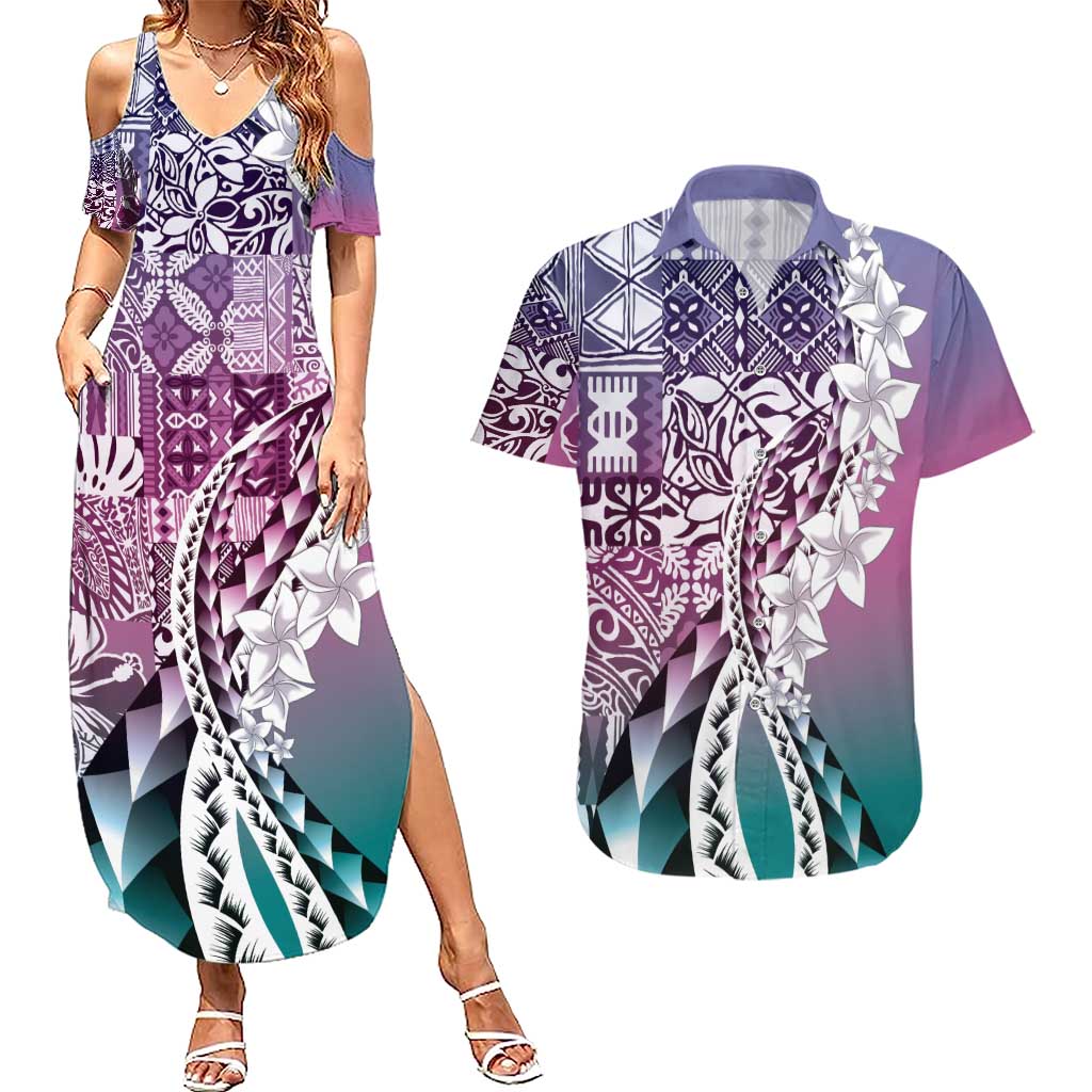 Aloha Vintage Plumeria Hawaiian Tapa Pattern Couples Matching Summer Maxi Dress and Hawaiian Shirt Gradient Hawaiian Tapa Pattern - Polynesian Pride